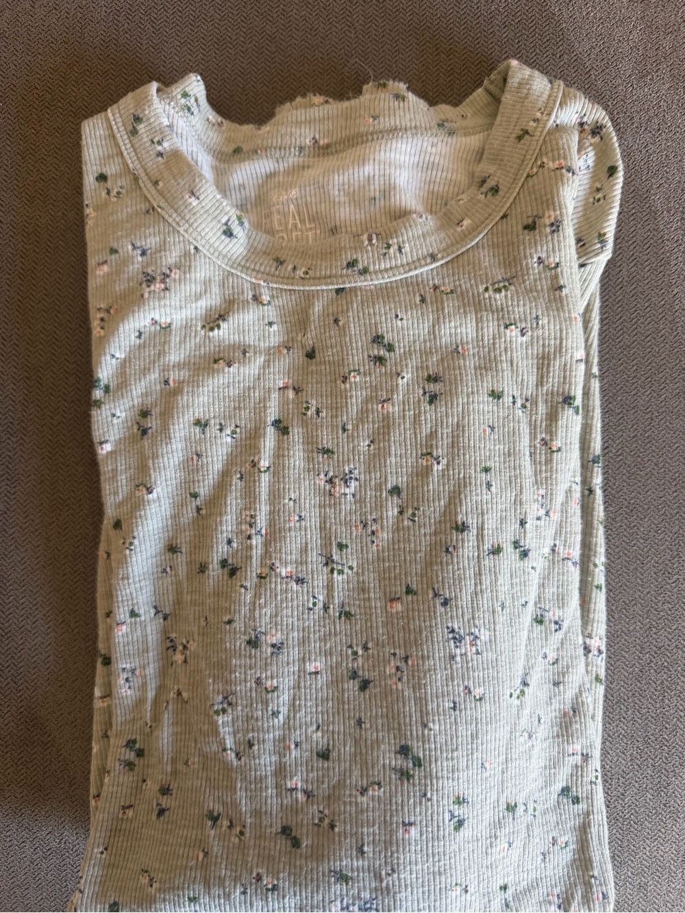 aerie Sage Green Ribbed Floral Ribbed Long-Sleeve Top
